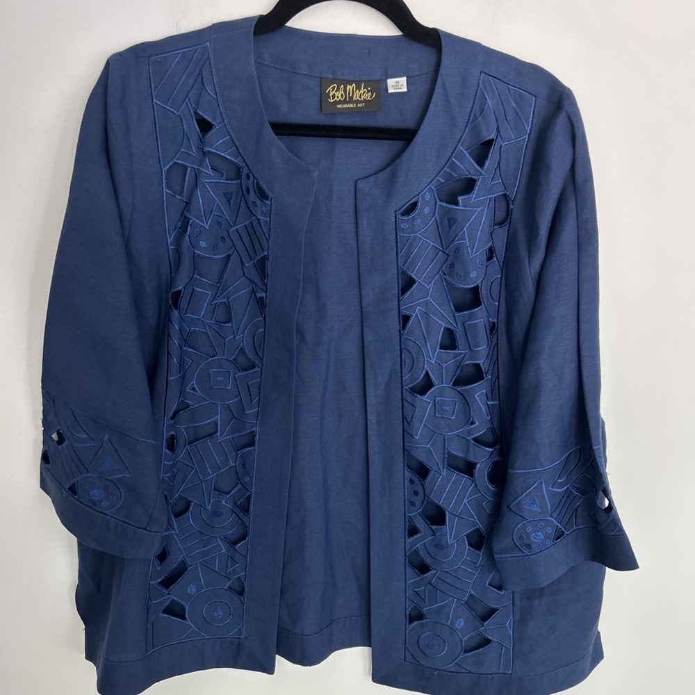 Bob Mackie Wearable Art Women's Medium Blue embroidered Cut Out Linen Jacket